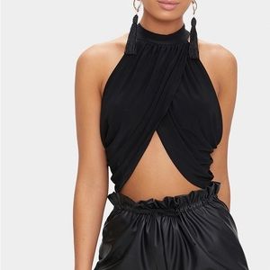 Pretty LittleThing Black Neck Wrap Open Back Crop Top